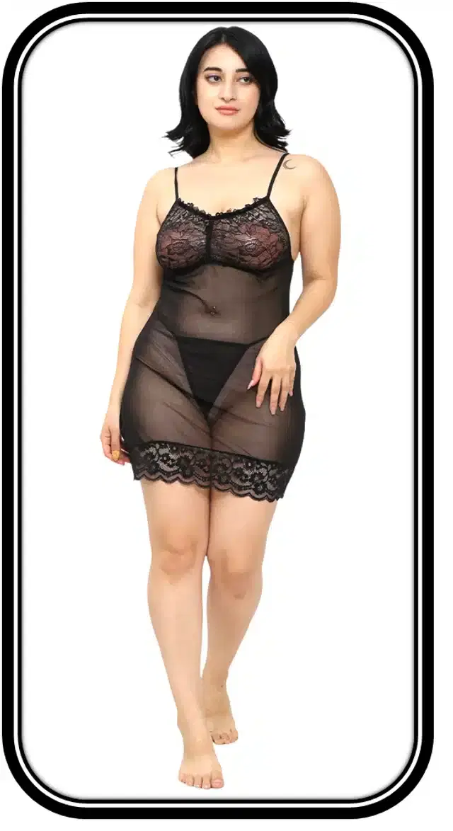 Net Babydoll Set for Women (Black, L)
