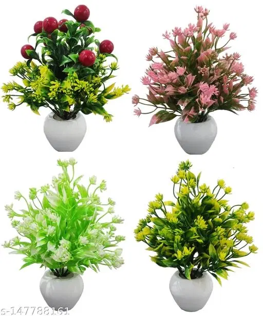 Plastic Artificial Flower With Pot,Multicolour, Set Of 4