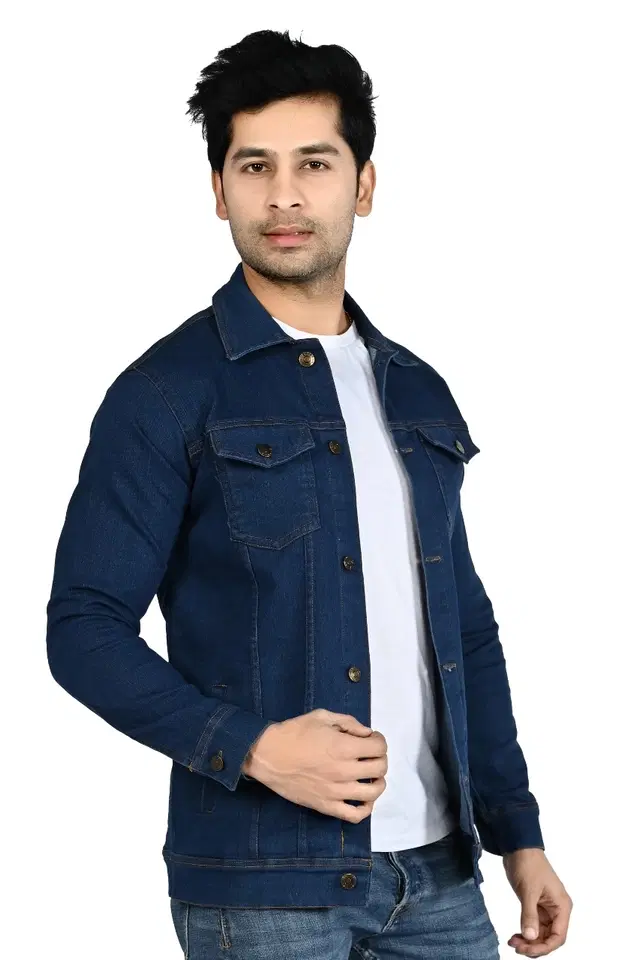 Denim Solid Jacket for Men (Navy Blue, M)
