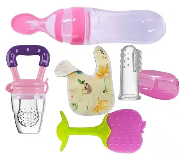 Silicone Fruit & Food Feeder, Bid, Teether with Finger Toothbrush for Kids, Multicolor, Set of 5