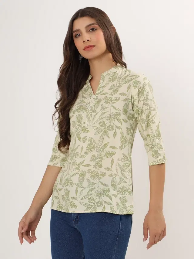 Rayon Floral Print Top for Women, Green (XXL)