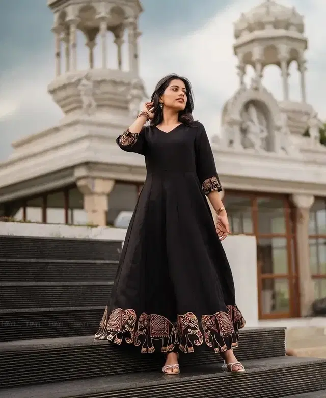 Rayon Kurti for Women (Black, M)