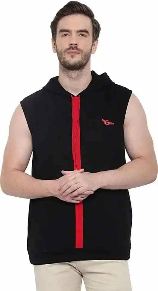 Glito Hooded Sleeveless Sweat Shirt with Side Pocket (Black, M)