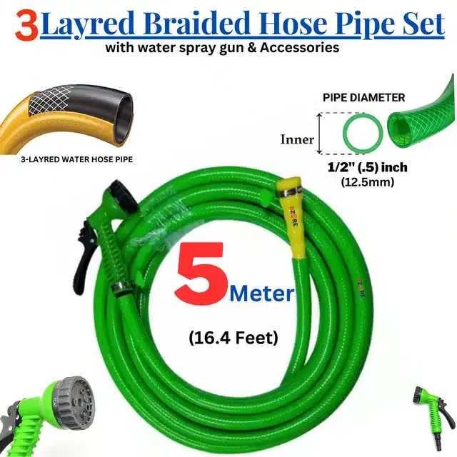 Bzore 3 Layered Braided Hose Pipe with 6 Flow Spray Gun & Accessories, Set of 1, Green, 5 m