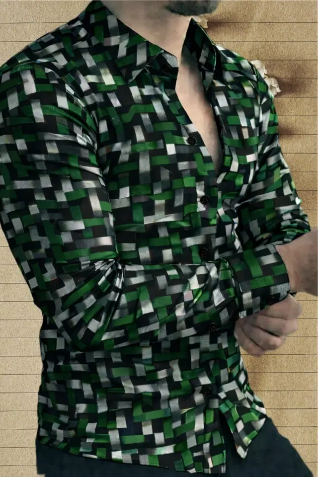 Lycra Geometric Print Shirt for Men, Green (S)