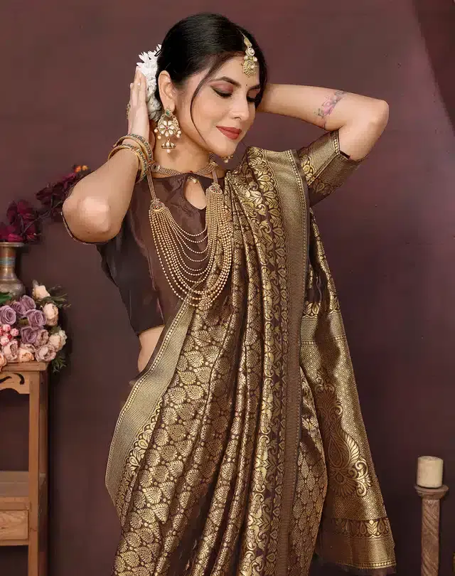 Banarasi Silk Zari Woven Saree for Women (Brown, 6 m)