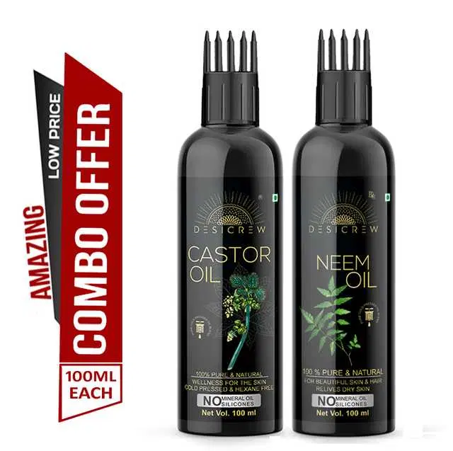 Desi Crew Cold Pressed Pure Castor Oil & Neem Oil, Pack Of 2, 100 ml, KGE-143