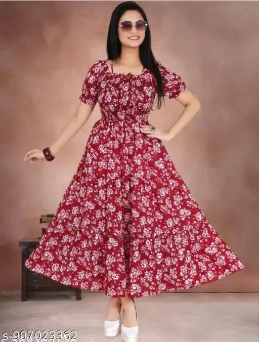Pleated Sleeveless Printed One Piece Dress (Red, S)