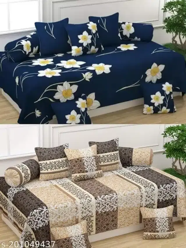 Polycotton Diwan Cover Set, Navy Blue & Beige, Combo of 2