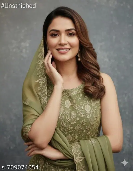 Embroidered Floral Georgette Punjabi/All Over Suits Semi-Stitched Suits (Multicolor, 6.05 meter for Women (M)