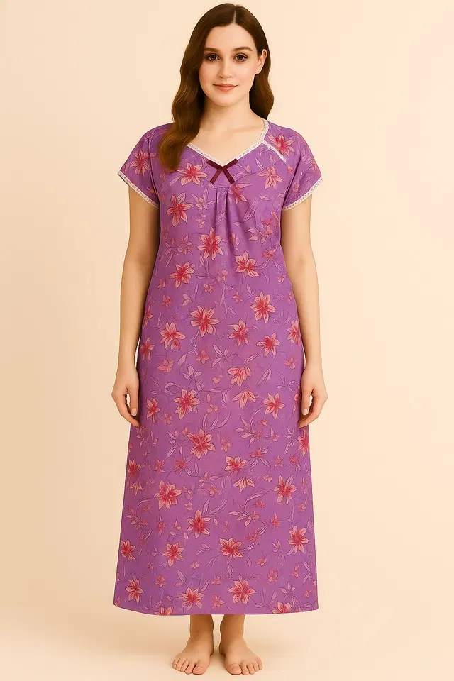 Sarina Floral Print Nightdress for Women, Purple (L)