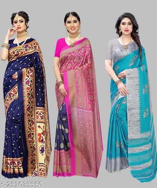 Art Silk Saree for Women, Pack of 3 (Multicolor, Free Size)