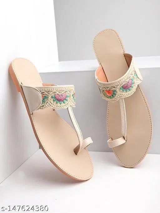 Synthetic Open Toe One-Toe Flats for Women (Cream, IND-6)