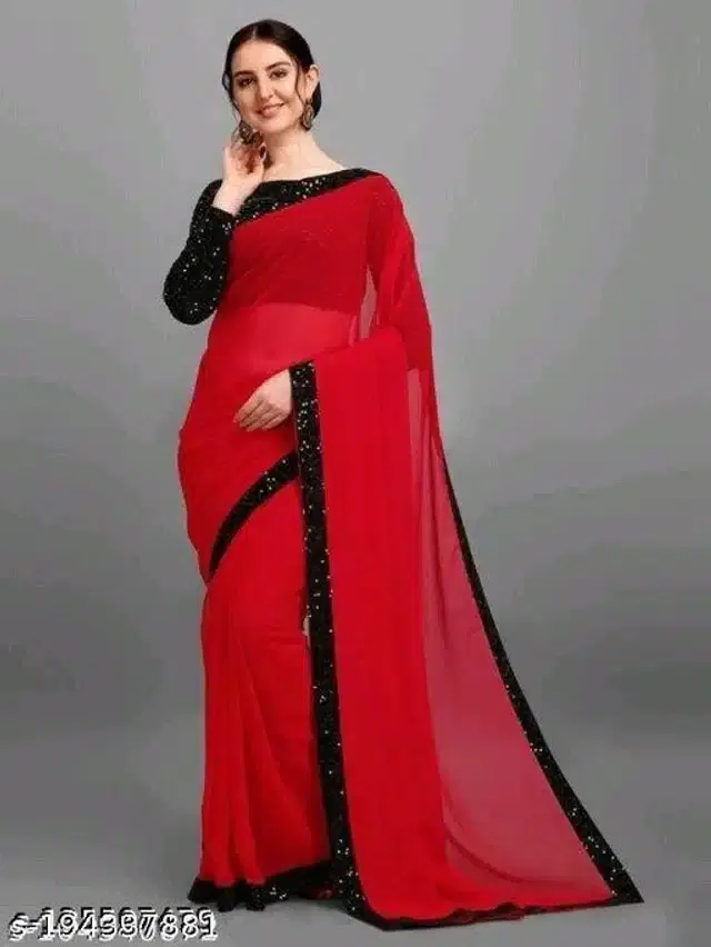 Georgette Solid Saree for Women (Red, 6.3 m)