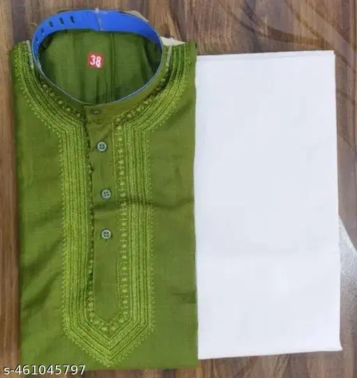 Cotton Solid Kurta Set for Men, Green & White (M)
