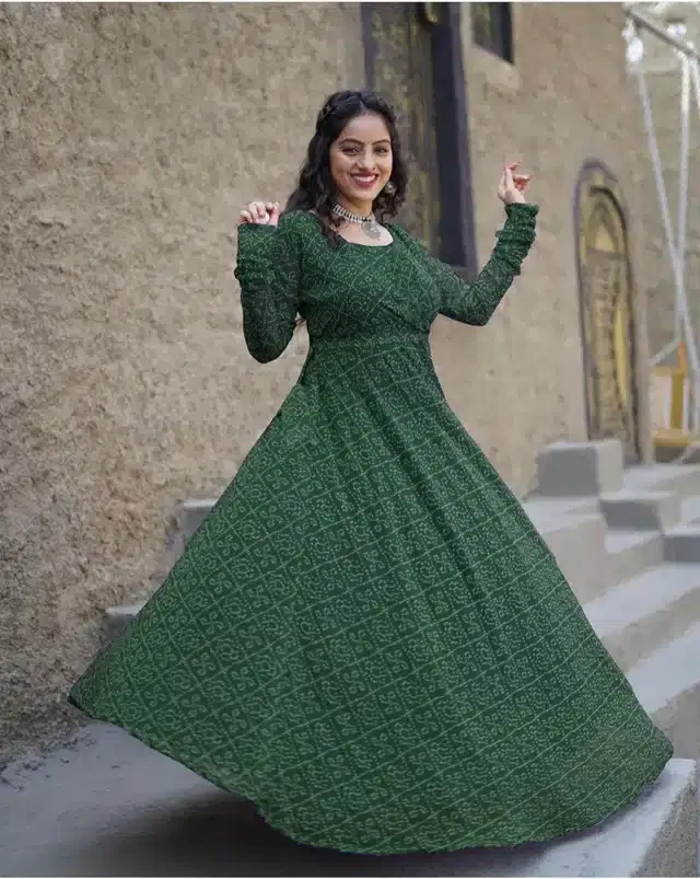 Women's Printed Anarkali Gown (Green, M)