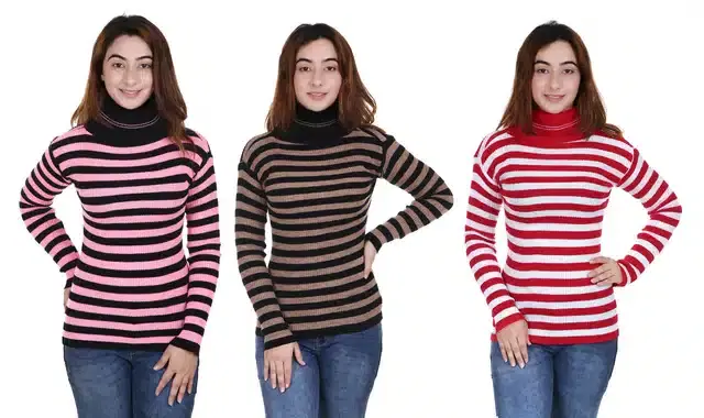 Full Sleeves Striped Sweater for Women, Pack of 3 (Multicolor, L)