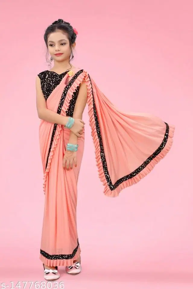 Solid Fancy Saree for Girls with Blouse (Peach, 10-11 Years)