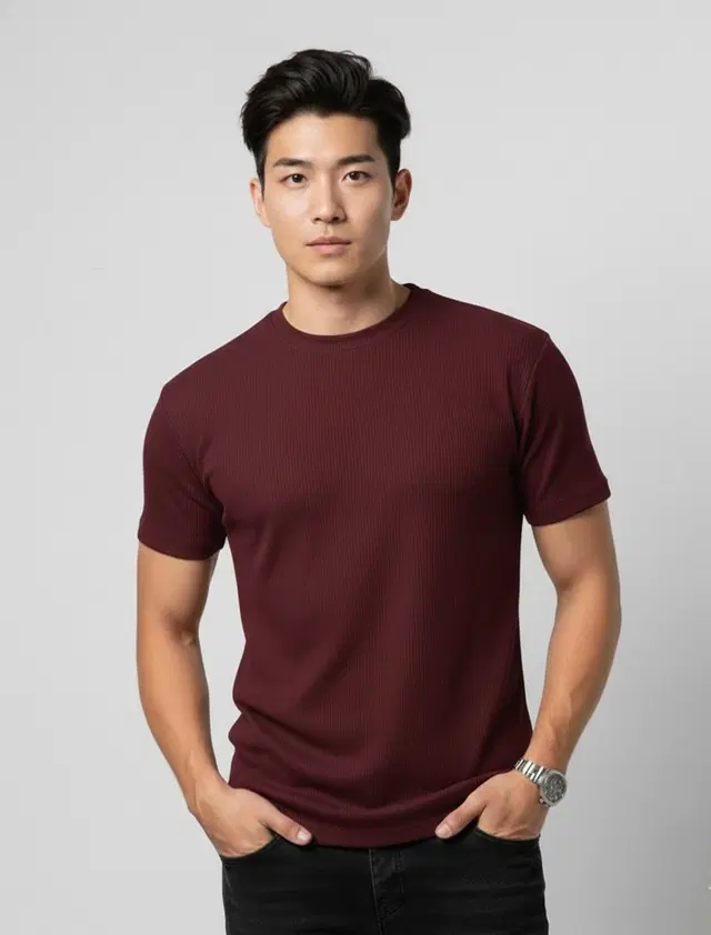Polyester Round Neck T-shirt for Men, Maroon (M)