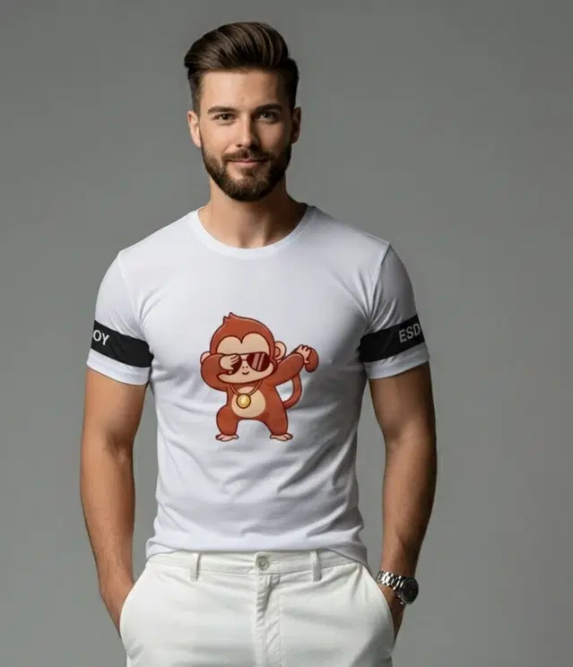 Polyester Printed T-shirt for Men, White (XL)
