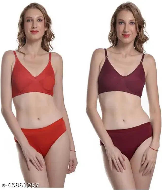 Cotton Blend Solid Lingerie Set for Women, Pack of 2 (Multicolor, 30A)