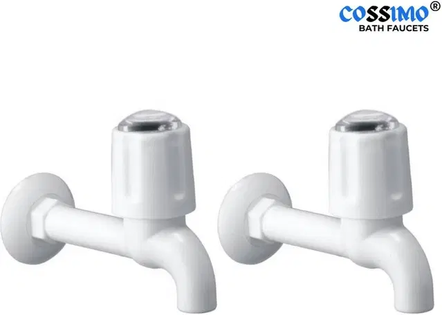 Plastic Long Body Bib Cock Tap with Wall Flange, White, Set of 2