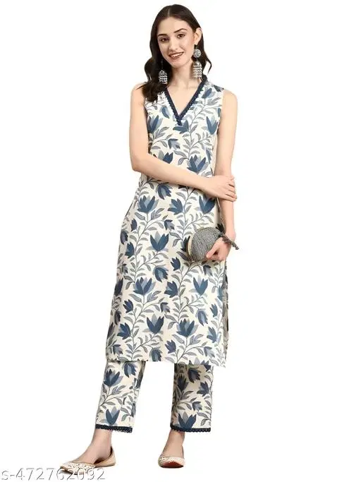 Floral Printed Sleeveless Kurti with Bottom Kurta Set for Women (Blue, S)