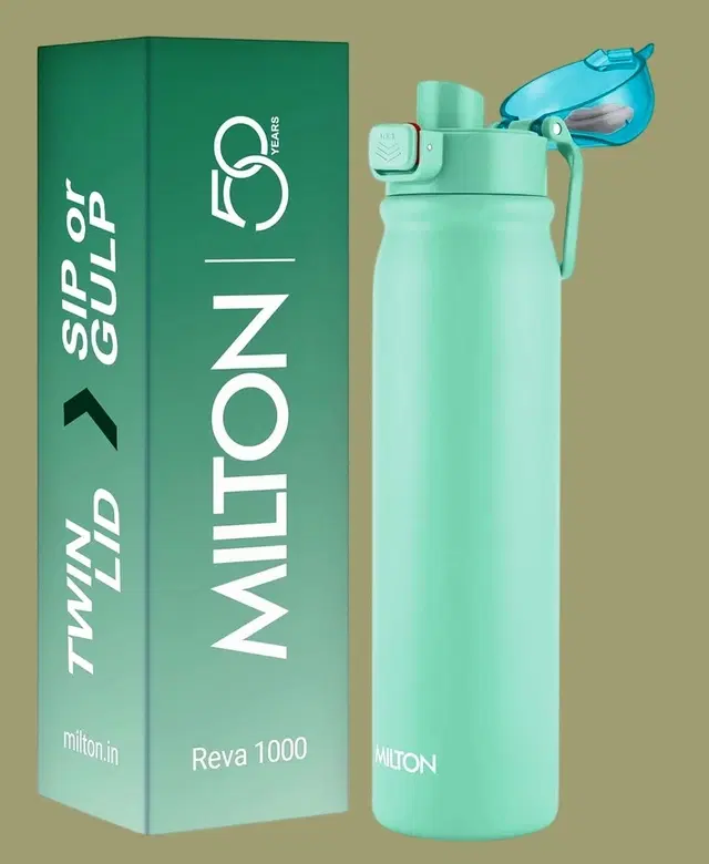 Milton Reva 1000 Steel Water Bottle with Twin Lid Sip or Gulp, 1 Litre Teal Blue 1000 ml Stainless Steel Bottle (Pack of 1, ) Purple