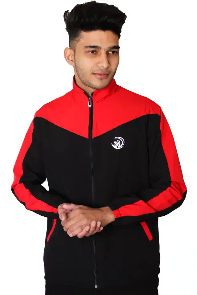Full Sleeves Solid Sports Jacket for Men (Red & Black, S)
