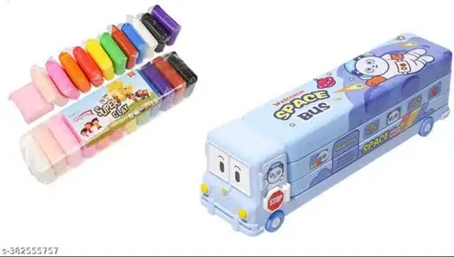 Bus Shaped Pencil Case with 24 Pcs Clay, Multicolor, Set of 2