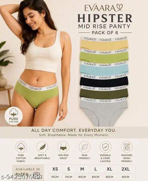 Evaara Printed Hipster Briefs for Women, Pack of 6 (Multicolor, XS)
