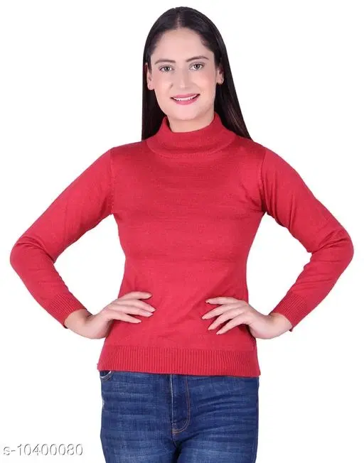 Hi-Neck Sweater for Women (Red, L)