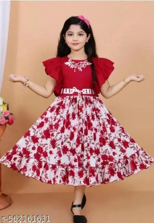Printed Cotton Blend Calf Length Dress for Girls (Red, 5-6 Years)