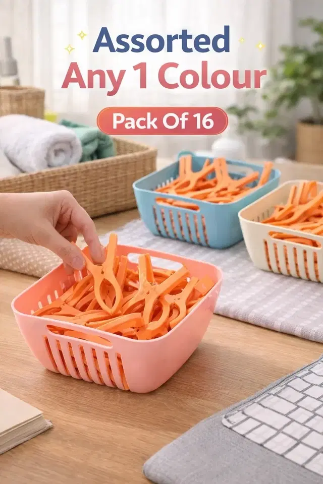 Clip Storage Basket | Cloth Drying 16 Clips Set Assorted Any 1 Colour
