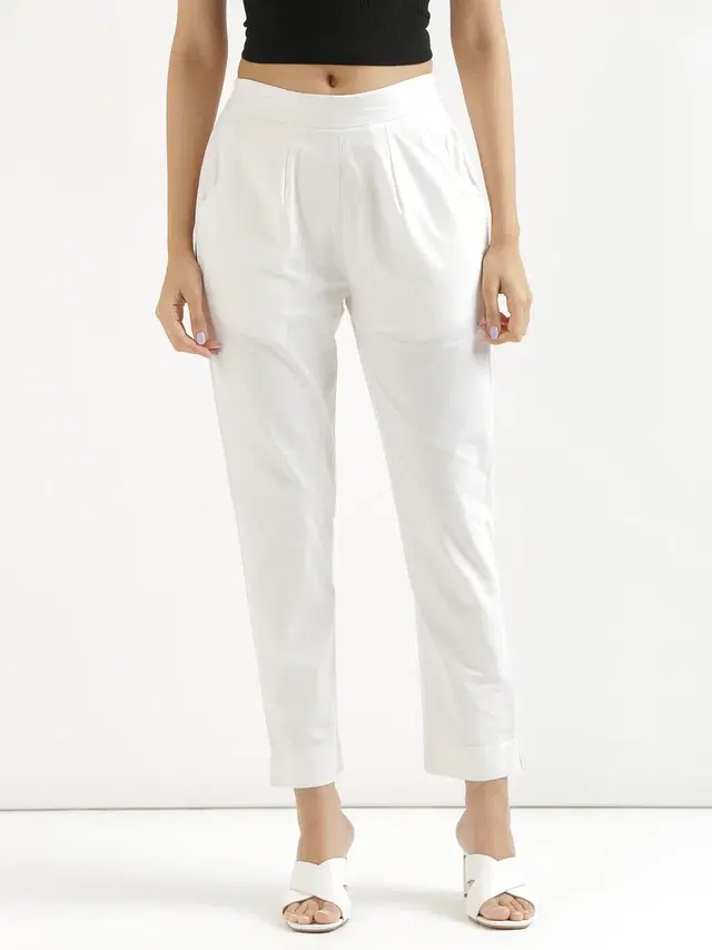 Rayon Regular Fit Trouser for Women (White, L)