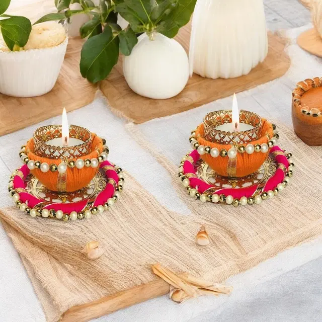 Metal Designer Tealight Candle Holder, Multicolor, 8x8x4 cm, Pack of 2