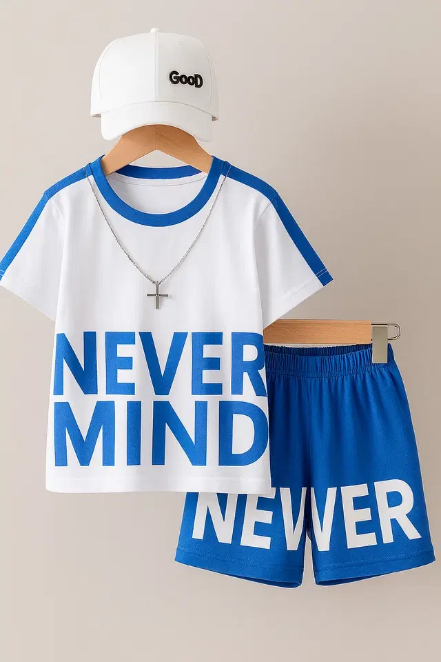 Cotton Printed Clothing Set for Boys, Blue & White (3-4 Years)