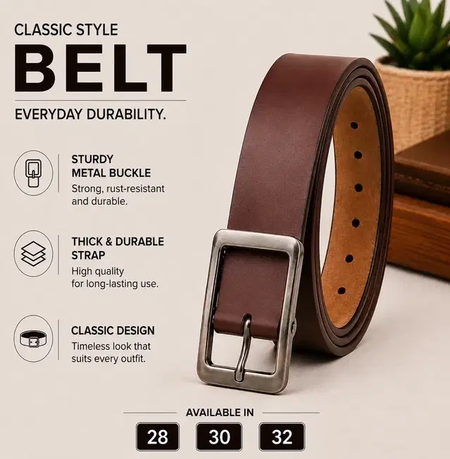 PU Solid Belt for Men ,Brown (Free Size)