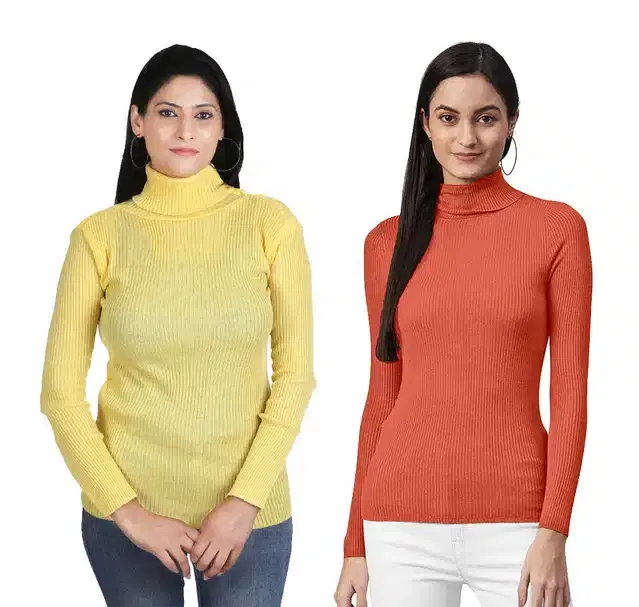 Full Sleeves High Neck Sweater for Women, Pack of 2 (Yellow & Orange, XXL)