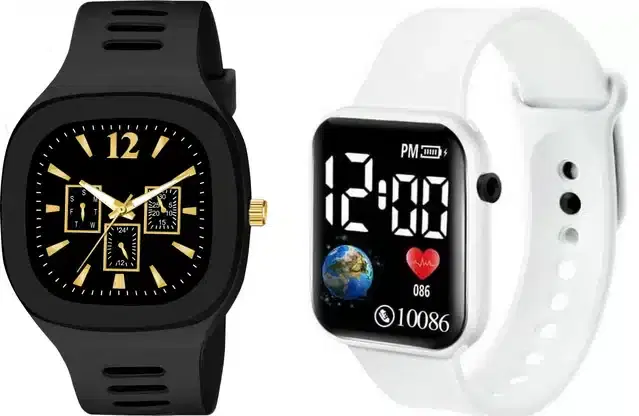 Analog with Smartwatch Combo for Men, Pack of 2 (Black & White)