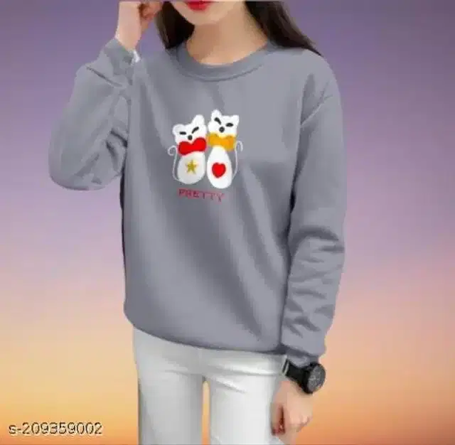 Fleece Printed Full Sleeves Round Neck Sweatshirt for Women (Grey, S)