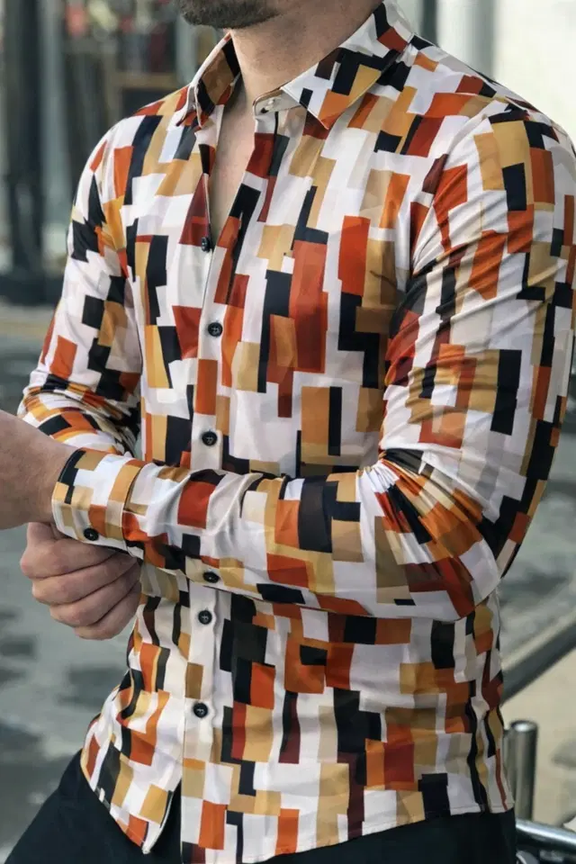 Lycra Geometric Print Shirt for Men, Red (S)