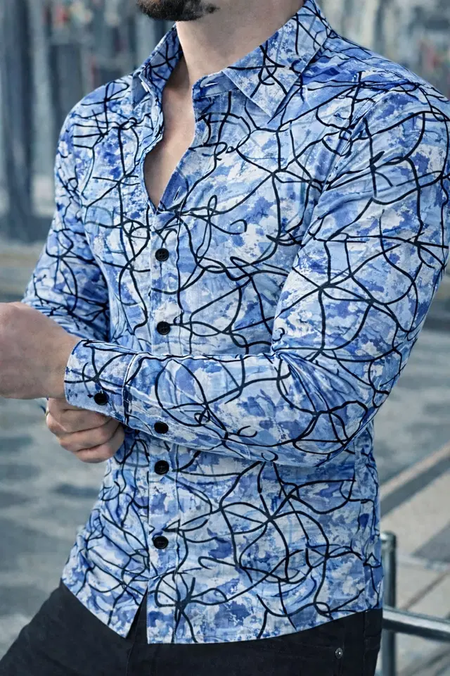 Lycra Geometric Print Shirt for Men, Blue (S)