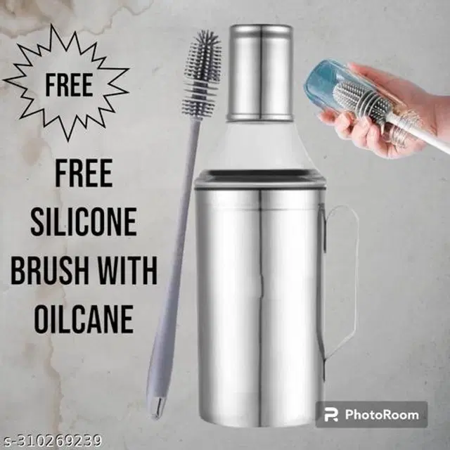 Oil Bottle with Handle & Cleaning Brush with Cleaning Brush, Set of 2, Silver, 1000 ml