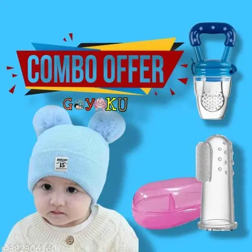 Combo of Solid Cap, Finger Brush with Fruit Nibbler for Baby, Set of 3 (Multicolor)