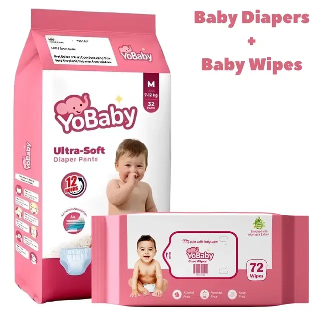 YoBaby Diaper Pants M - 32 Pcs + YoBaby Baby Wipes - 72 Wipes
