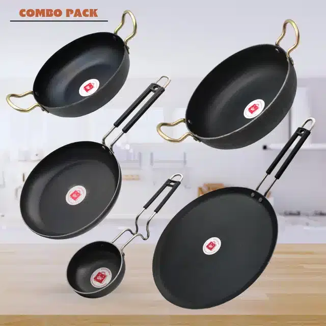 Frying Pan & Tawa Set, Pack of 5, Black, 1200 ml