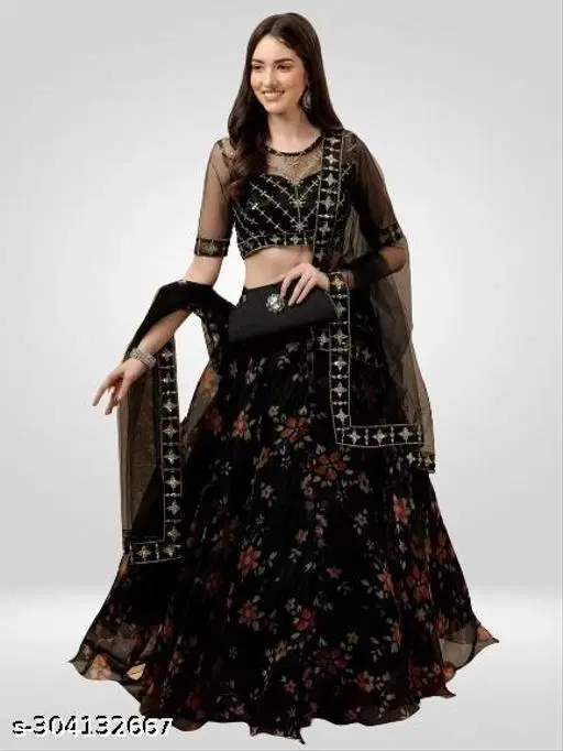 Lehenga Choli for Women (Black, Free Size)