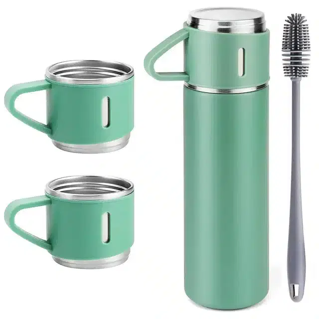 Stainless Steel Water Bottle with 3 Cups & 1 Silicon Brush, Green, 500 ml, Set of 5