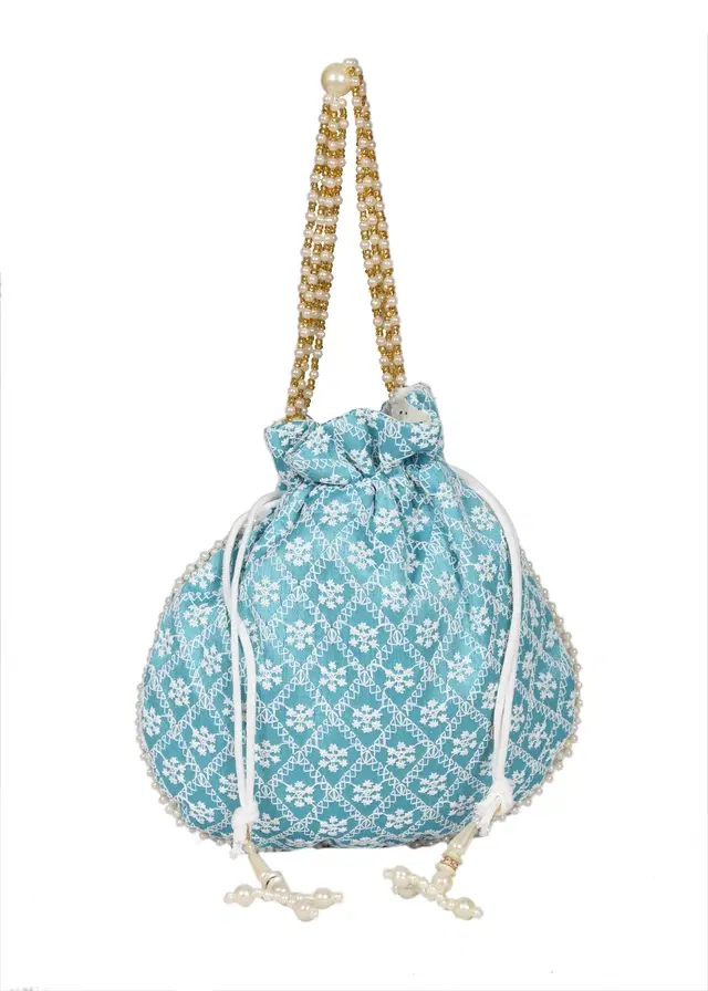 Silk Floral Ethnic Rajasthani Traditional Work Potli with Handle for Return Gifts, Sky Blue